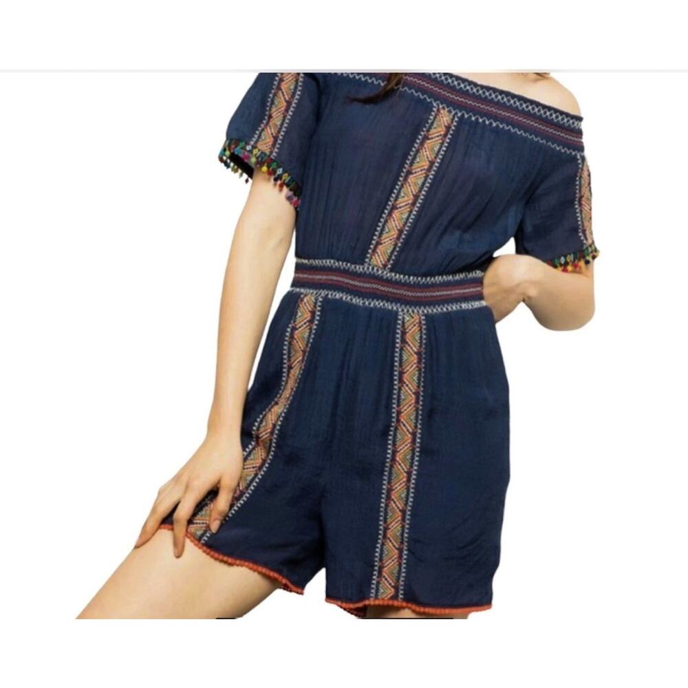 Letarte Romper Small Colorful Poms Off-Shoulder Beach Coverup Eclectic Boho